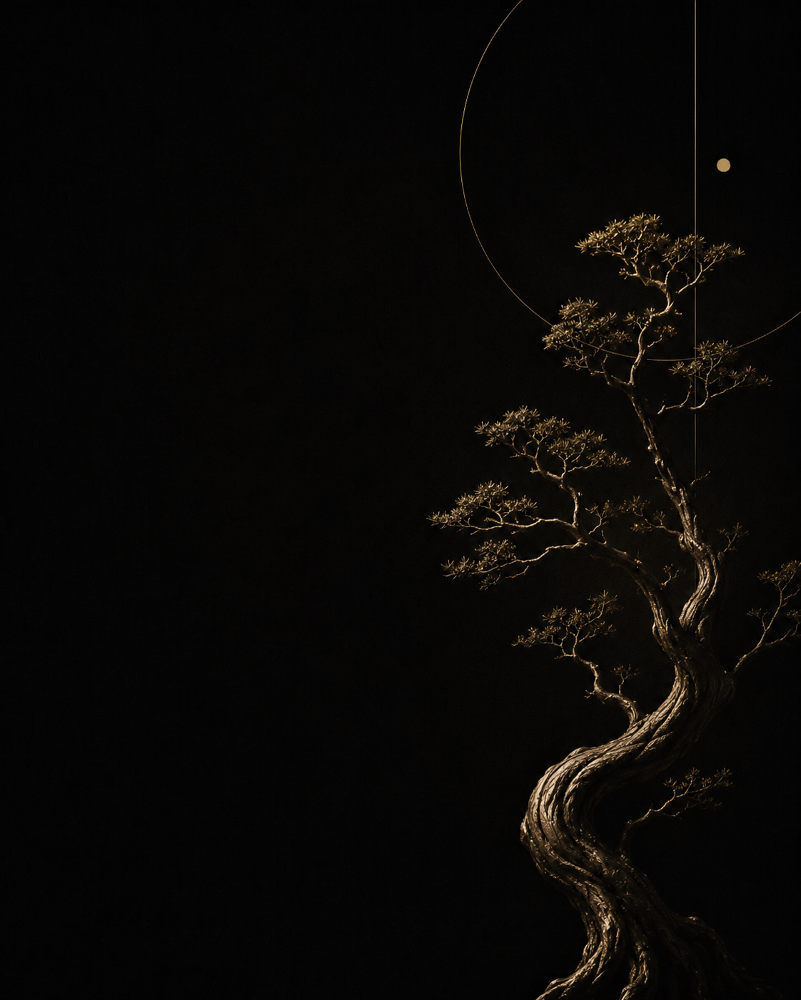 A sculptural tree reaching upward against darkness, traced by a thin gold circle
